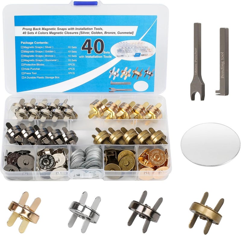 Sopnom 40 Sets 4 Colors Magnetic Snaps Closures with Installation Tools, Magnetic Purses Closure Clasps Include 3 Setting Tools for Sewing, Purses, Bags, Clothes, Crafting, Leather Projects(18MM) - Image 1